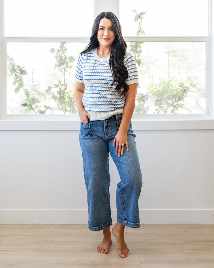 Kaitlyn Open Knit Striped Sweater Top - Blue FINAL SALE Staccato