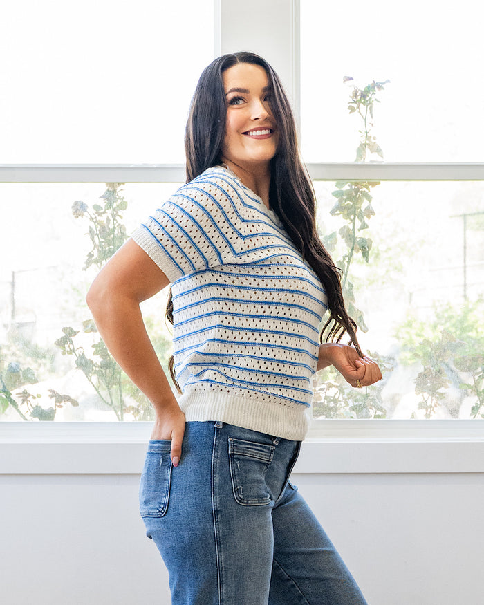 Kaitlyn Open Knit Striped Sweater Top - Blue FINAL SALE Staccato
