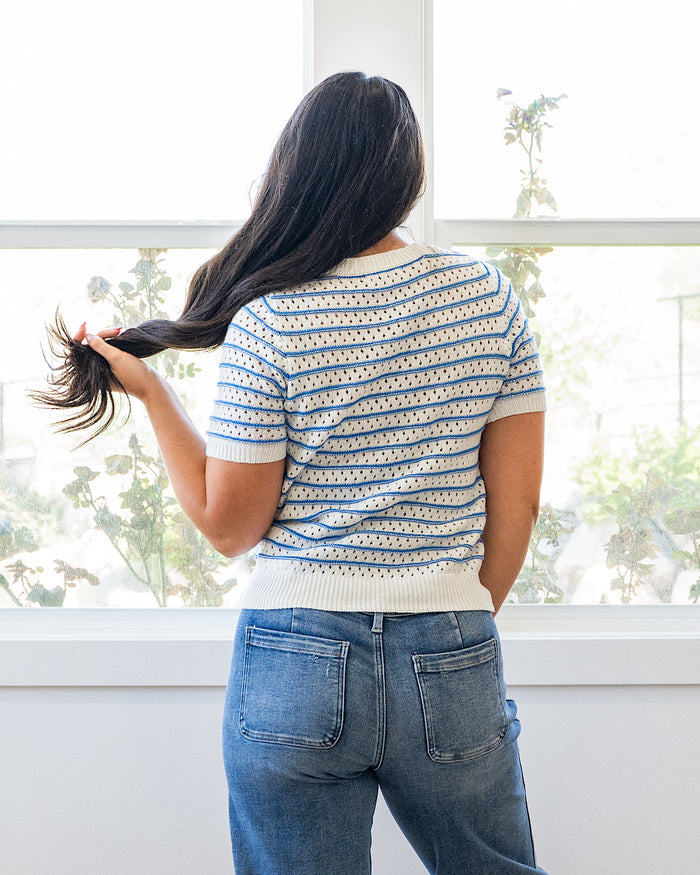 Kaitlyn Open Knit Striped Sweater Top - Blue FINAL SALE Staccato