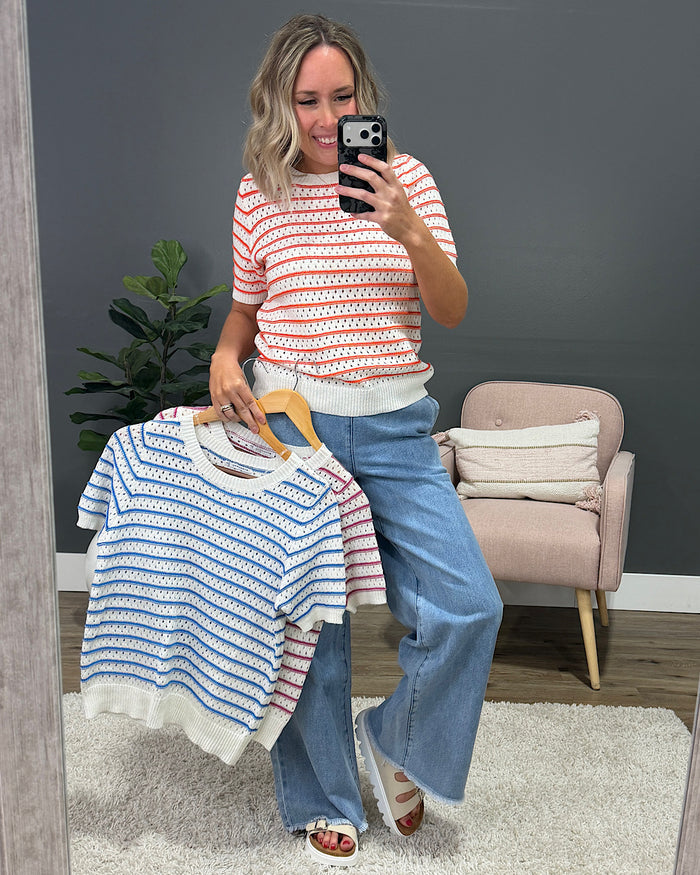 Kaitlyn Open Knit Striped Sweater Top - Orange FINAL SALE Staccato