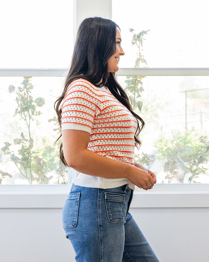 Kaitlyn Open Knit Striped Sweater Top - Orange FINAL SALE Staccato