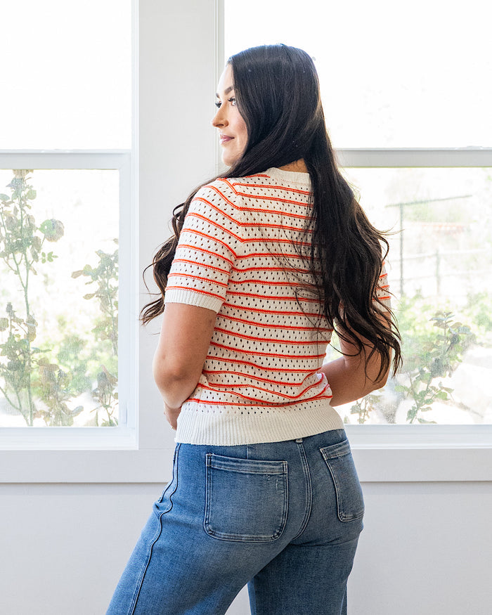 Kaitlyn Open Knit Striped Sweater Top - Orange FINAL SALE Staccato