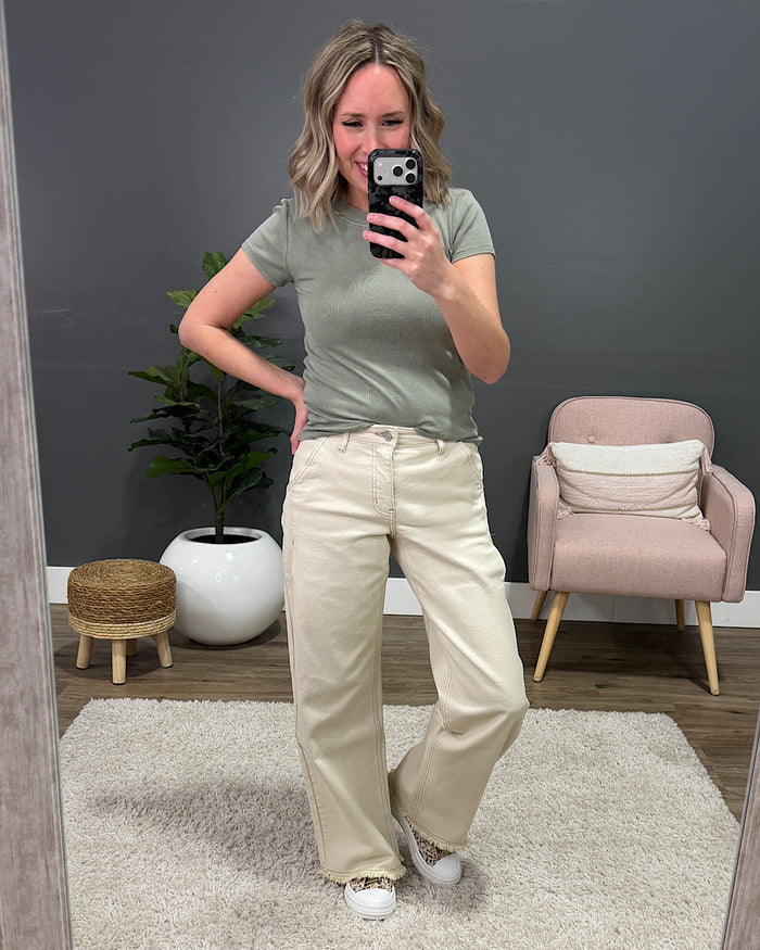 KanCan Natalie Fray Hem Wide Leg Jeans - Cream SALE KanCan
