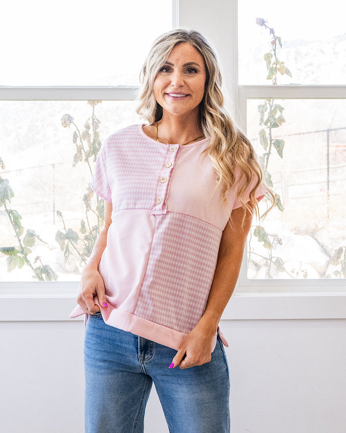 Kayla Gingham Color Block Henley Top - Pink Lovely Melody