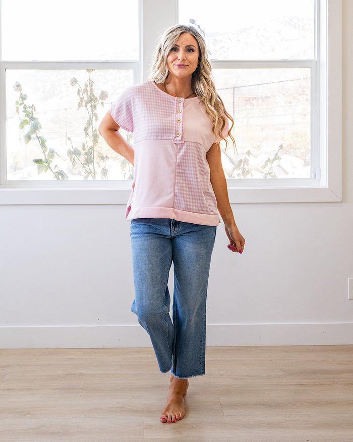Kayla Gingham Color Block Henley Top - Pink Lovely Melody