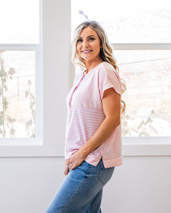 Kayla Gingham Color Block Henley Top - Pink Lovely Melody