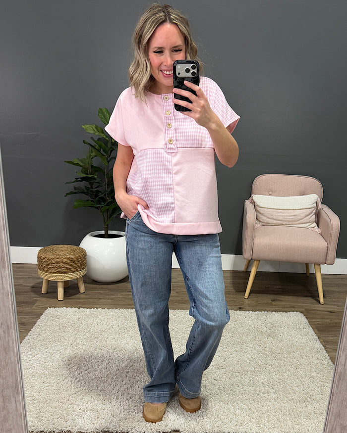 Kayla Gingham Color Block Henley Top - Pink Lovely Melody