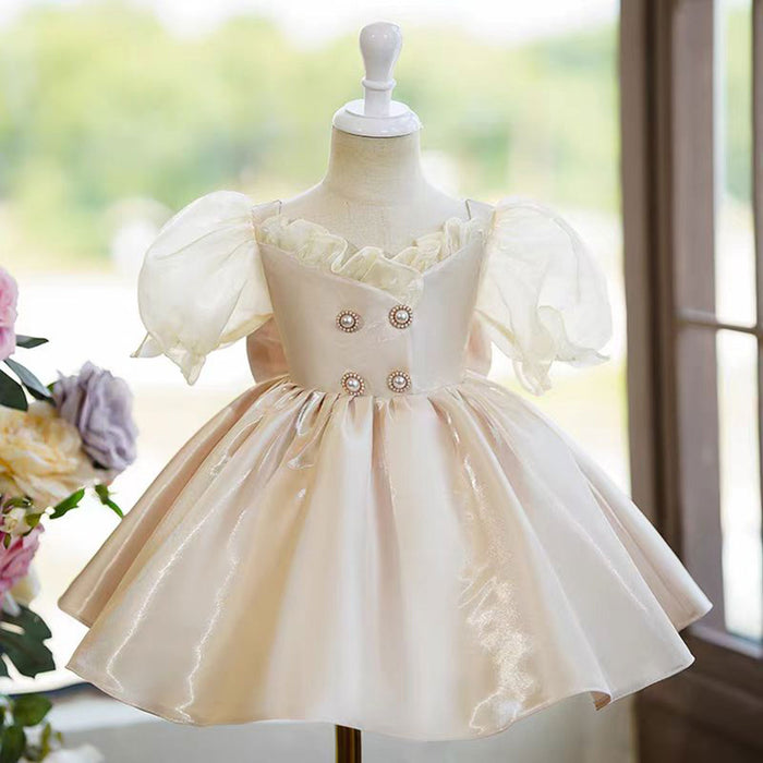 Lace Satin Flower Girl Dress With Bow Champagne J792