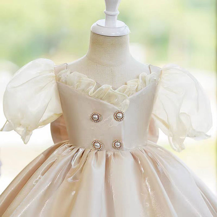 Lace Satin Flower Girl Dress With Bow Champagne J792