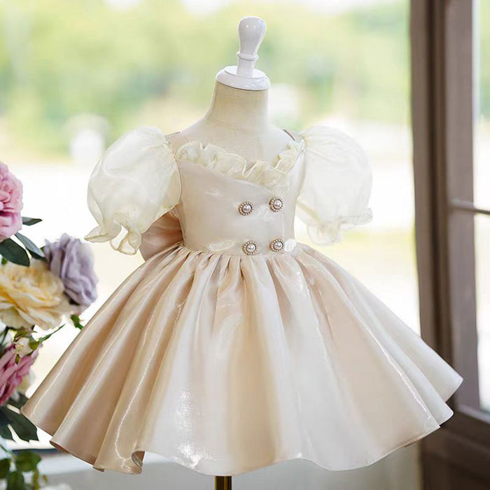 Lace Satin Flower Girl Dress With Bow Champagne J792