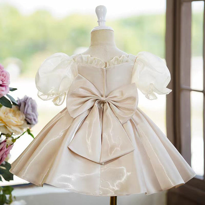 Lace Satin Flower Girl Dress With Bow Champagne J792
