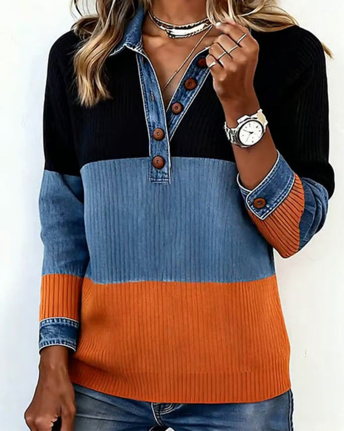 Laluna® | Fashionable Top with Lapel and Contrast Color