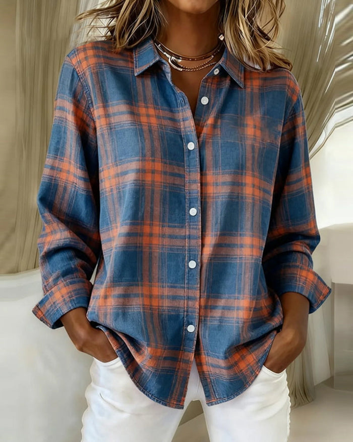 Laluna® | Shirt with Check Pattern and Notched Collar