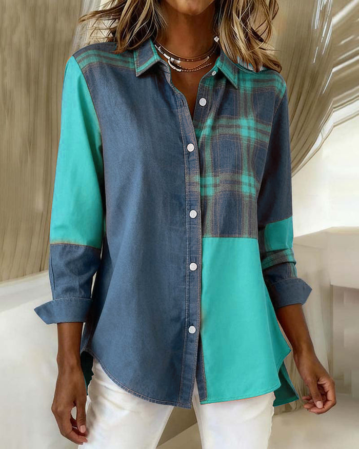 Laluna® | Shirt with Notched Collar and Checked Contrast Design