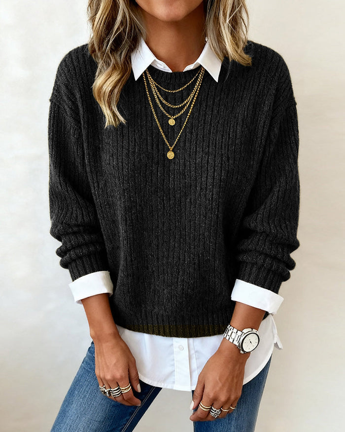 Laluna® | Sweater With Shirt Collar And Patchwork Design