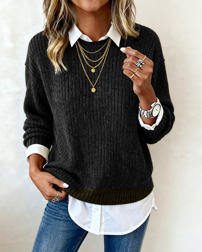 Laluna® | Sweater With Shirt Collar And Patchwork Design