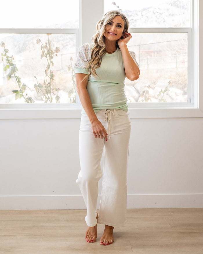 Leilani Ribbed Floral Puff Sleeve Top - Mint Lovely Melody