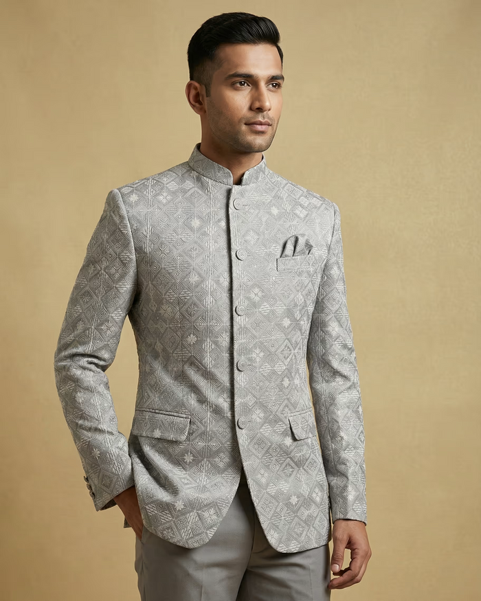 Light Grey Embroidery Work Jodhpuri Suit