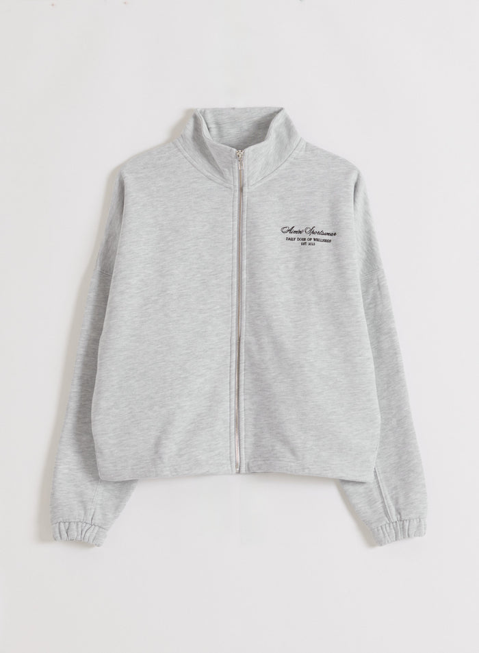 Vaaleanharmaa meleerattu aim'n Script Zip Jacket korkealla kauluksella ja vetoketjulla tasokuvassa.