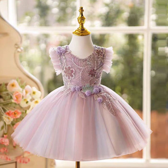 Lilac Floral Flower Girl Dress Knee-Length Lace J481