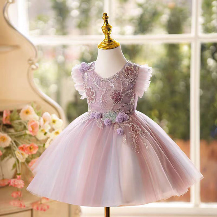 Lilac Floral Flower Girl Dress Knee-Length Lace J481