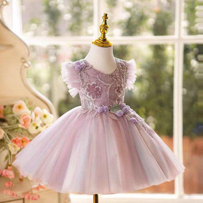 Lilac Floral Flower Girl Dress Knee-Length Lace J481