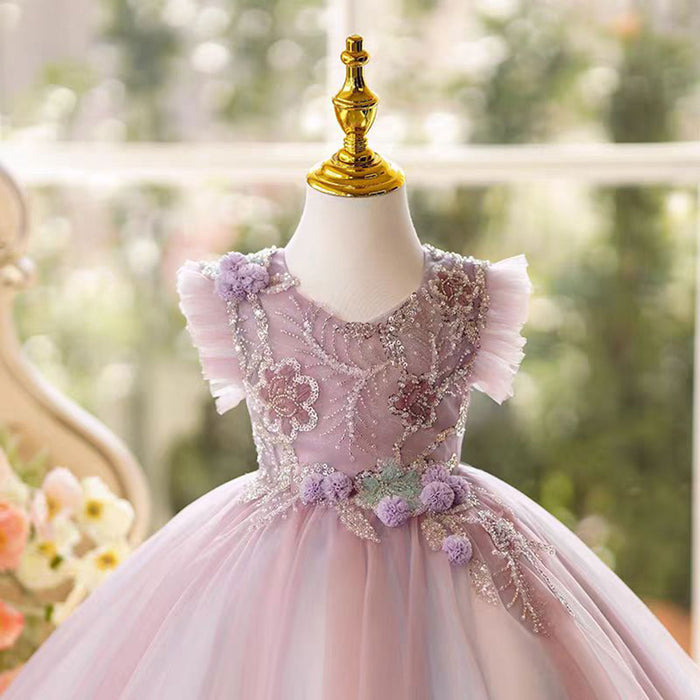 Lilac Floral Flower Girl Dress Knee-Length Lace J481