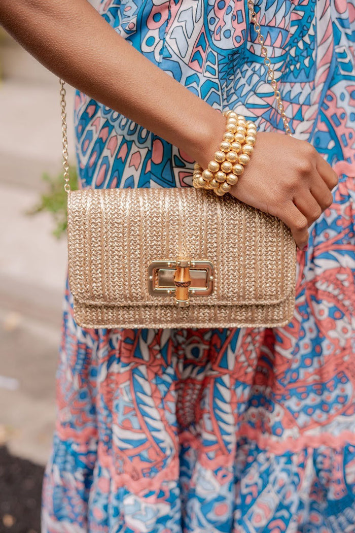 Lisi Lerch - Lilly - Gold Woven Straw Clutch - Bamboo Toggle -