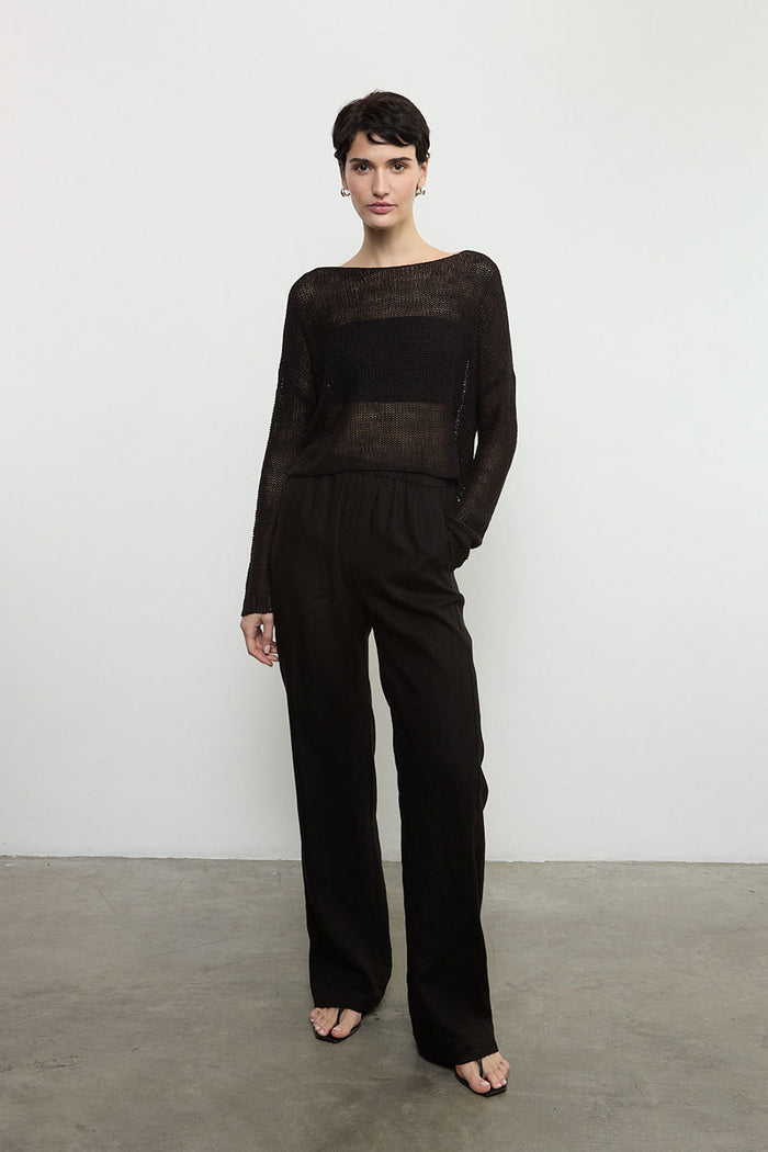 Linen Open Knit Bateau Sweater - Black