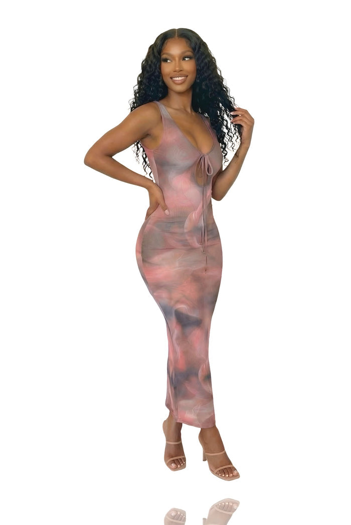 Long Kiss Goodnight - Tank Front Breast Tie Print Maxi Dress