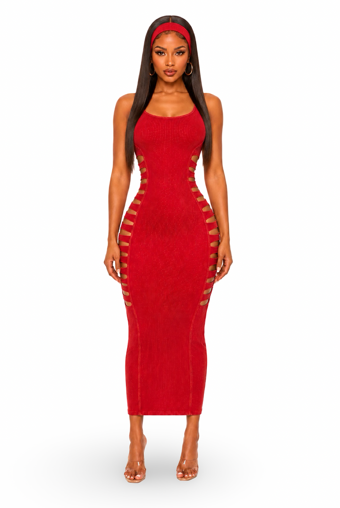 Long Time Coming - Tank Mineral Wash Laser Cut Outs With Matching Head Band Maxi Dress