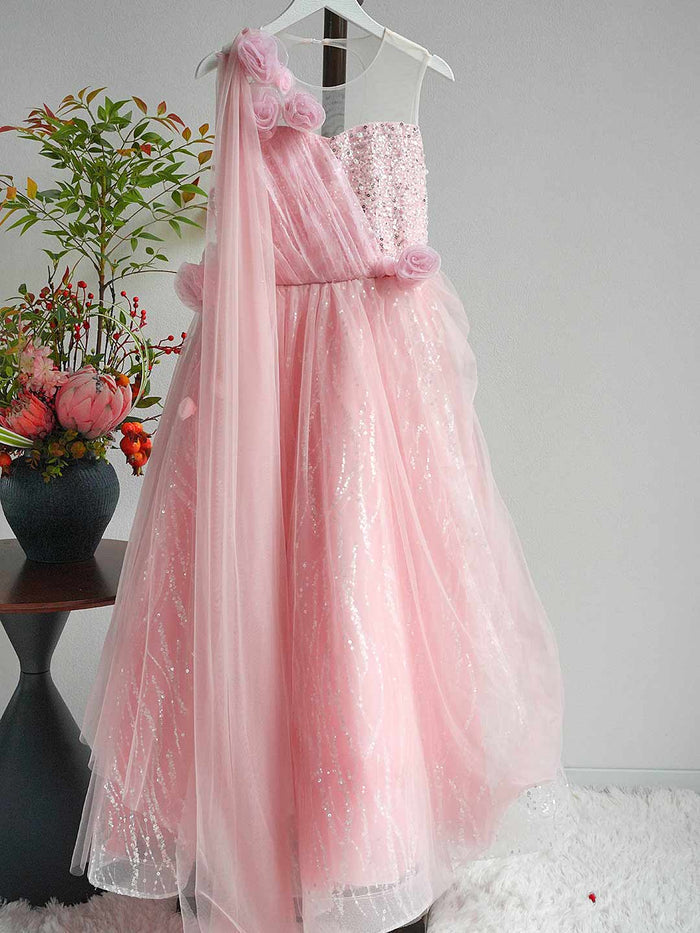 Lovely One-Shoulder 3D Flower Tulle Pink Flower Girl Dress D074