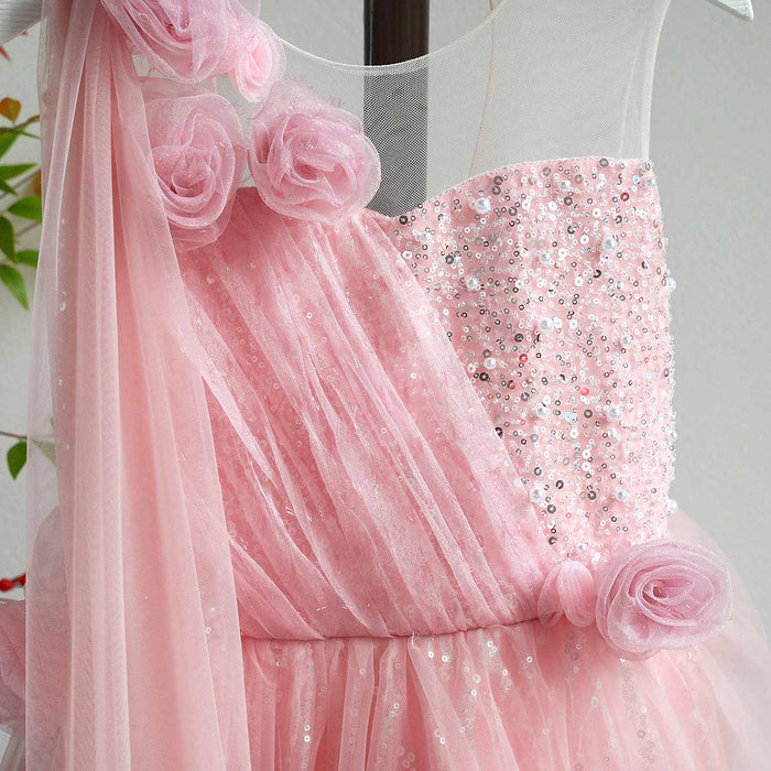 Lovely One-Shoulder 3D Flower Tulle Pink Flower Girl Dress D074