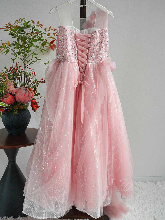 Lovely One-Shoulder 3D Flower Tulle Pink Flower Girl Dress D074