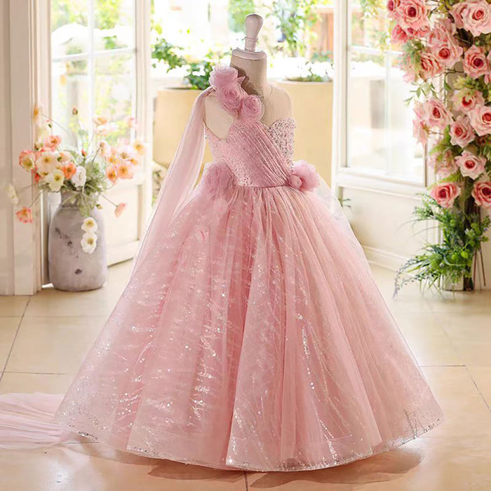 Lovely One-Shoulder 3D Flower Tulle Pink Flower Girl Dress D074