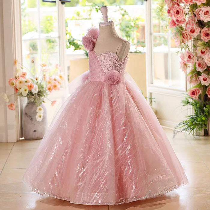 Lovely One-Shoulder 3D Flower Tulle Pink Flower Girl Dress D074