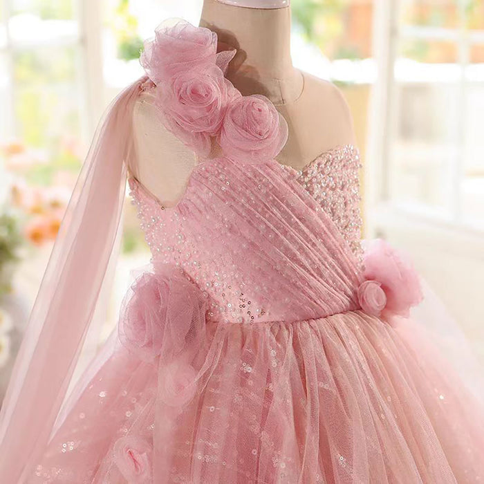 Lovely One-Shoulder 3D Flower Tulle Pink Flower Girl Dress D074