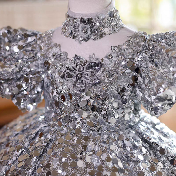 Luxury Applique Sequined Girl Dress With Neck Gait Silver J828