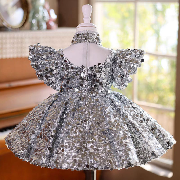 Luxury Applique Sequined Girl Dress With Neck Gait Silver J828