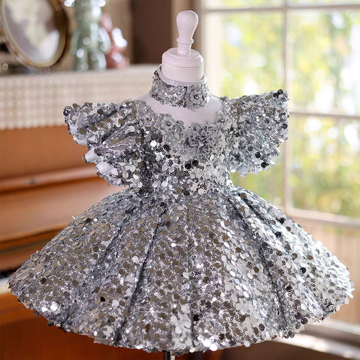 Luxury Applique Sequined Girl Dress With Neck Gait Silver J828