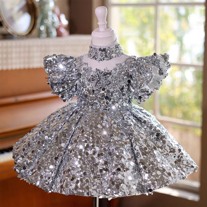 Luxury Applique Sequined Girl Dress With Neck Gait Silver J828