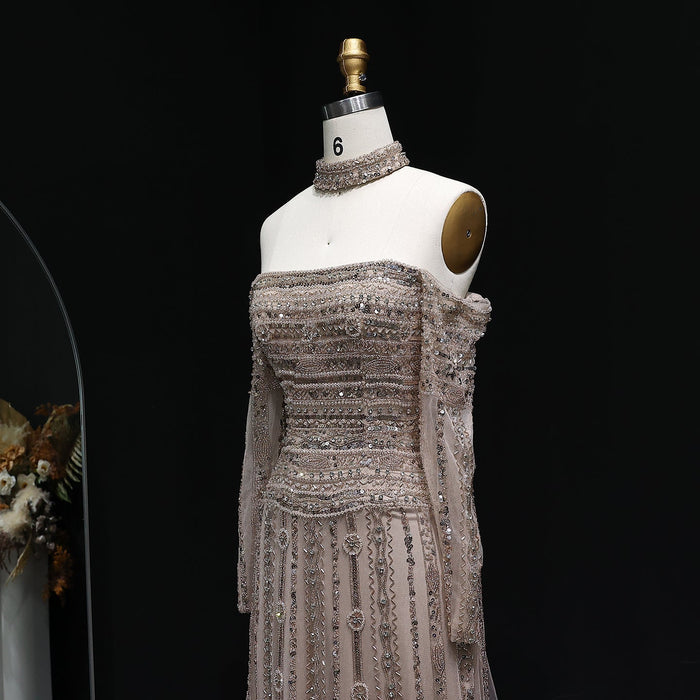 Luxury Beaded Off Shoulder Pink Evening Dress with Choker SS178