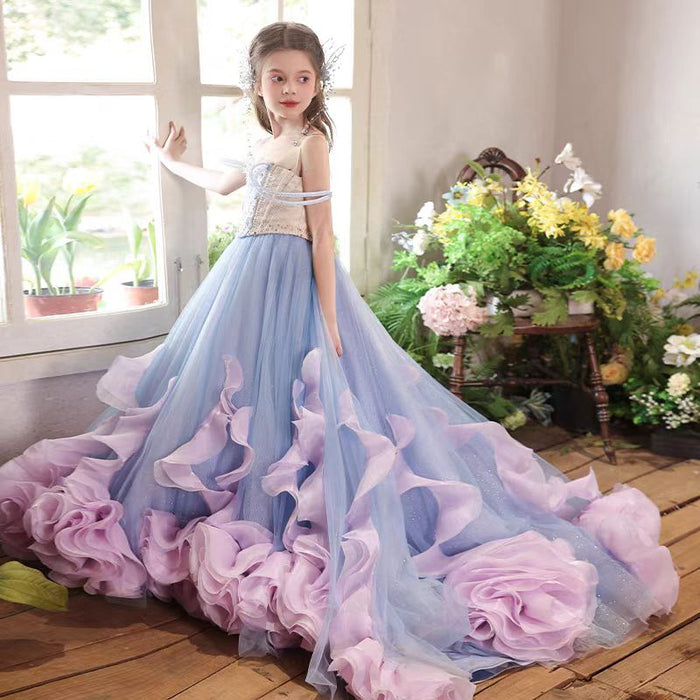 Luxury Flower Girl Dress Kids Wedding Pageant Party Long Train J025