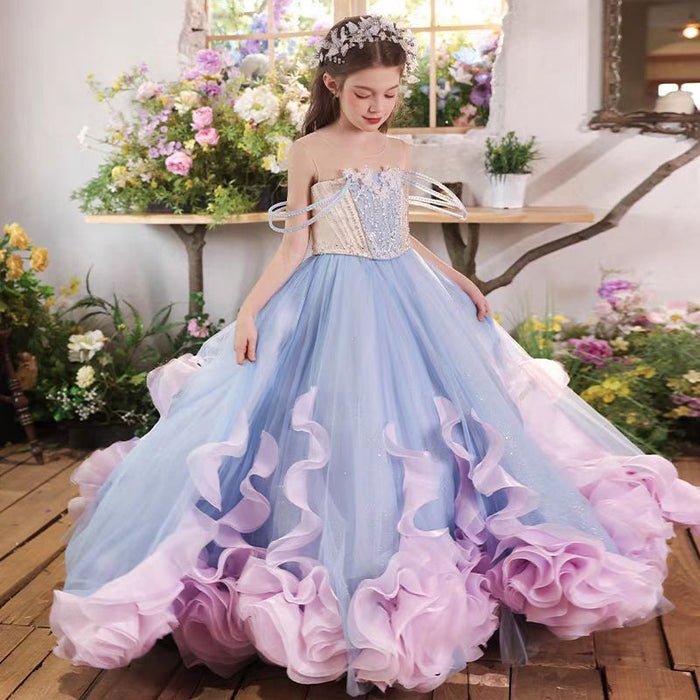 Luxury Flower Girl Dress Kids Wedding Pageant Party Long Train J025