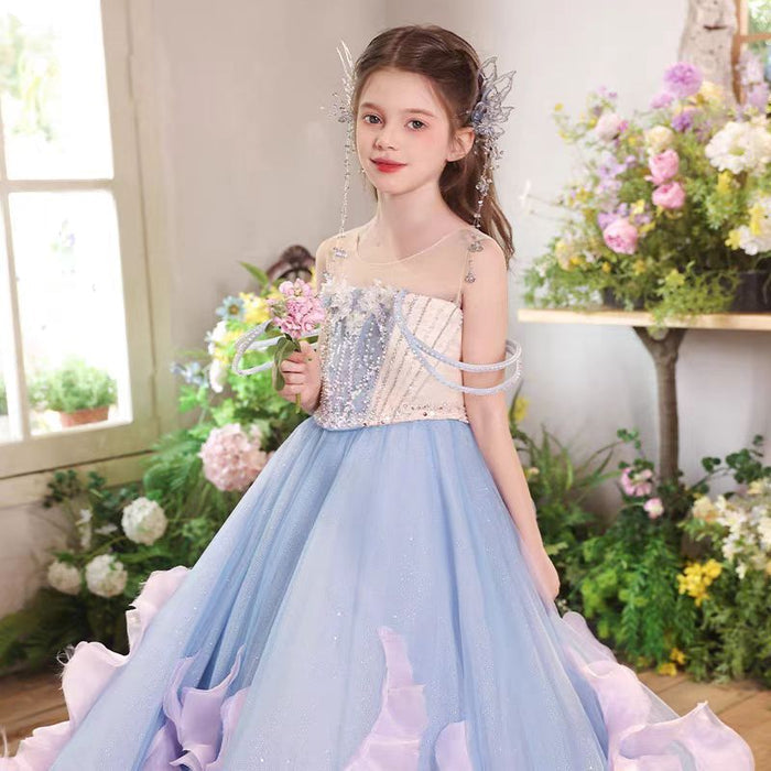 Luxury Flower Girl Dress Kids Wedding Pageant Party Long Train J025