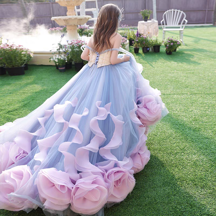 Luxury Flower Girl Dress Kids Wedding Pageant Party Long Train J025