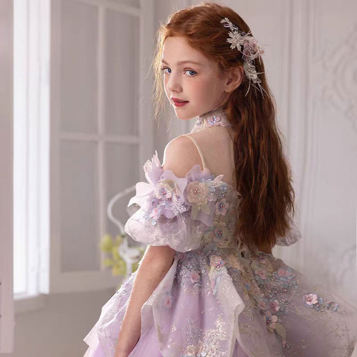 Luxury Lilac 3D Flowers Girl Dress for Kids Birthday Pageant J347