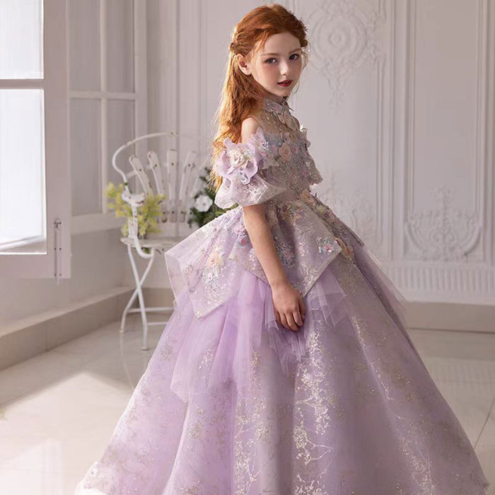 Luxury Lilac 3D Flowers Girl Dress for Kids Birthday Pageant J347