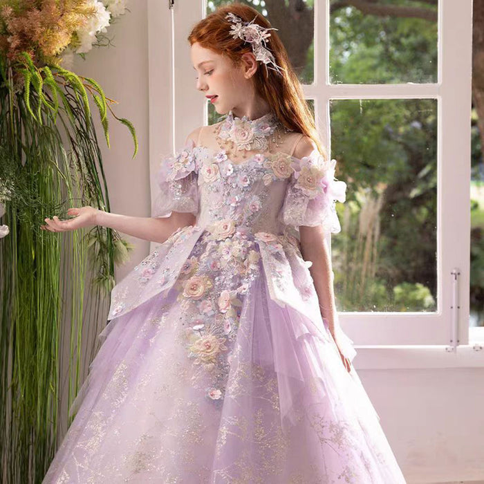 Luxury Lilac 3D Flowers Girl Dress for Kids Birthday Pageant J347