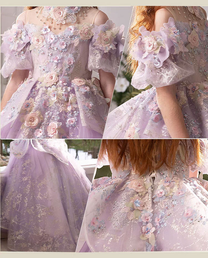 Luxury Lilac 3D Flowers Girl Dress for Kids Birthday Pageant J347